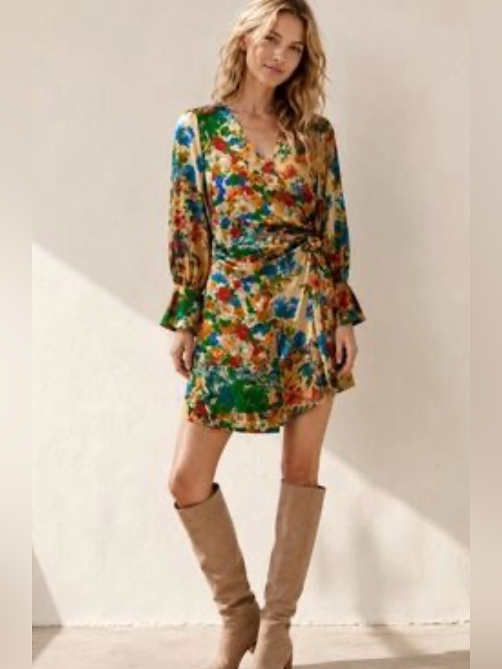 Zara Beige Floral Wrap Dress with Blue, Green & Orange Accents